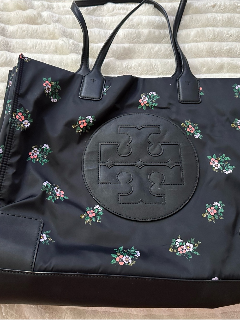 Tory Burch Black Floral Logo Nylon Tote with Pink & Green Accents